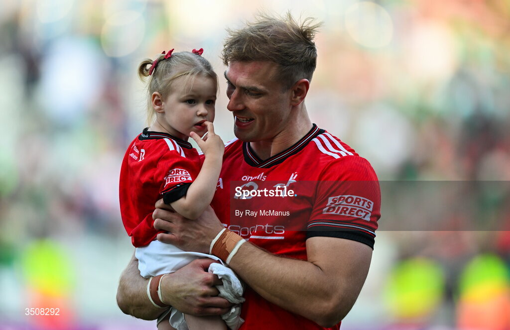11 July 2026; Conor Grimes of Louth and his daughter Izzy, two years, after the GAA Football All-Ireland Senior Championship semi-final match between Mayo and Louth at Croke Park in Dublin. Photo by Ray McManus/Sportsfile