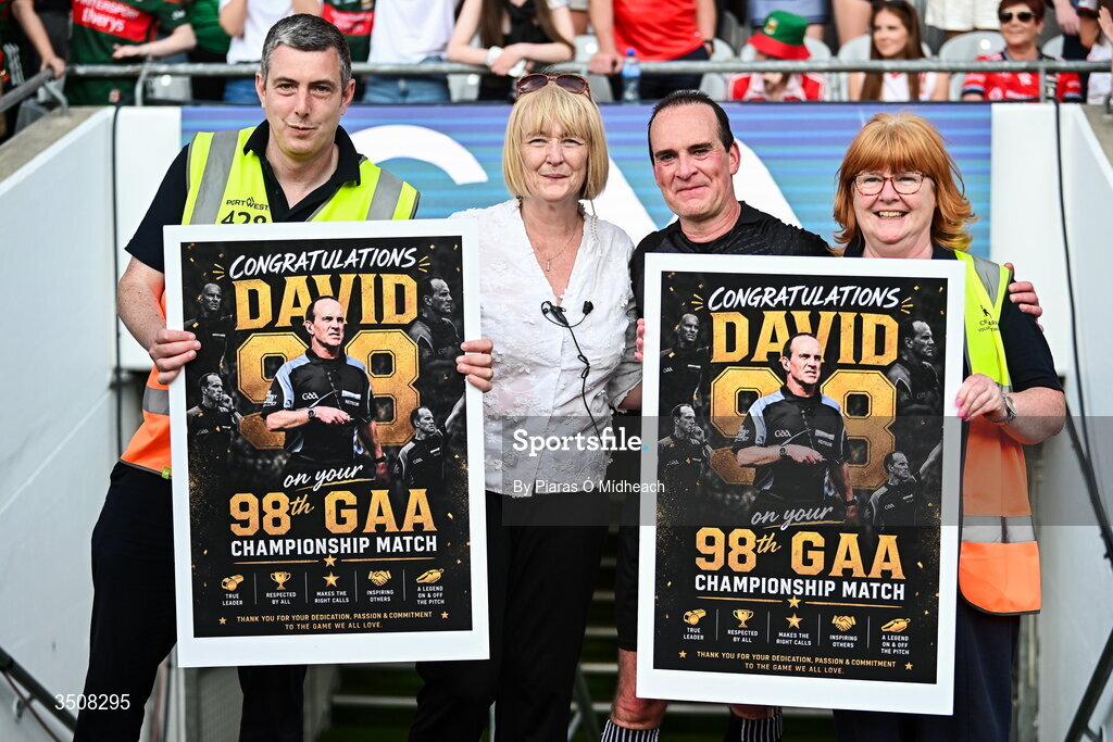 11 July 2026; Referee David Coldrick, who is retiring as an intercounty match official this year, with Croke Park steward Padraig Morris, Croke Park Deputy Chief Steward Mairead O’Carroll and partner of Coldrick, and Croke Park steward Sheelagh Burke after the GAA Football All-Ireland Senior Championship semi-final match between Mayo and Louth at Croke Park in Dublin. Photo by Piaras Ó Mídheach/Sportsfile