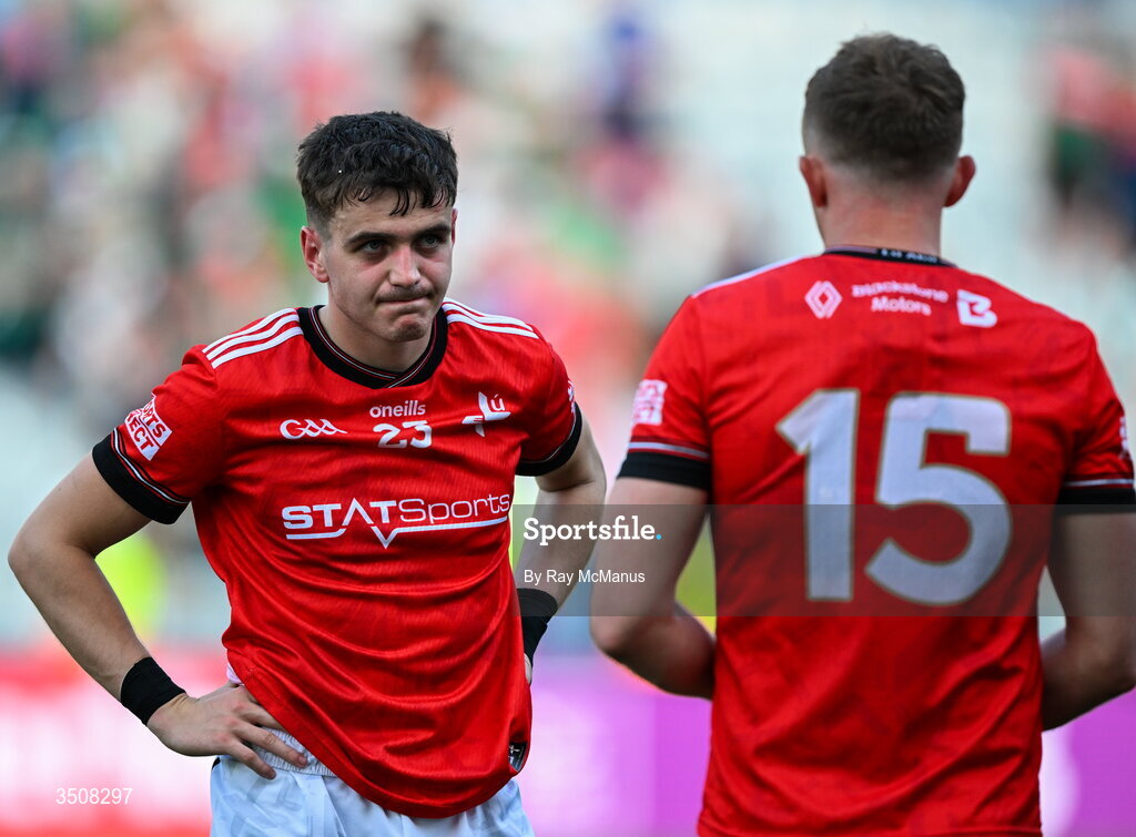11 July 2026; Tadgh McDonnell, 23, and Ryan Burns of Louth after the GAA Football All-Ireland Senior Championship semi-final match between Mayo and Louth at Croke Park in Dublin. Photo by Ray McManus/Sportsfile