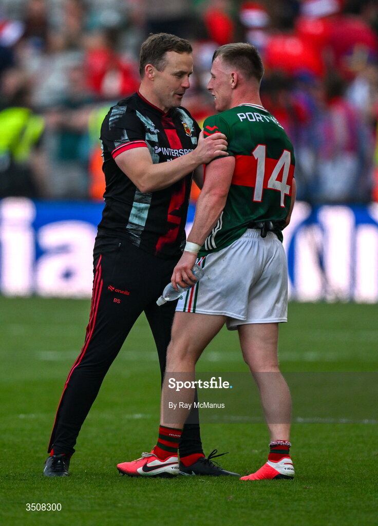 11 July 2026; Ryan O'Donoghue of Mayo and Andy Moran after the GAA Football All-Ireland Senior Championship semi-final match between Mayo and Louth at Croke Park in Dublin. Photo by Ray McManus/Sportsfile