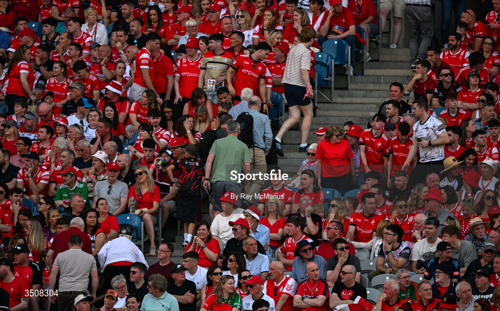 11 July 2026; Louth supporters leave the Hogan Stand, in the 63rd minute, during the GAA Football All-Ireland Senior Championship semi-final match between Mayo and Louth at Croke Park in Dublin. Photo by Ray McManus/Sportsfile