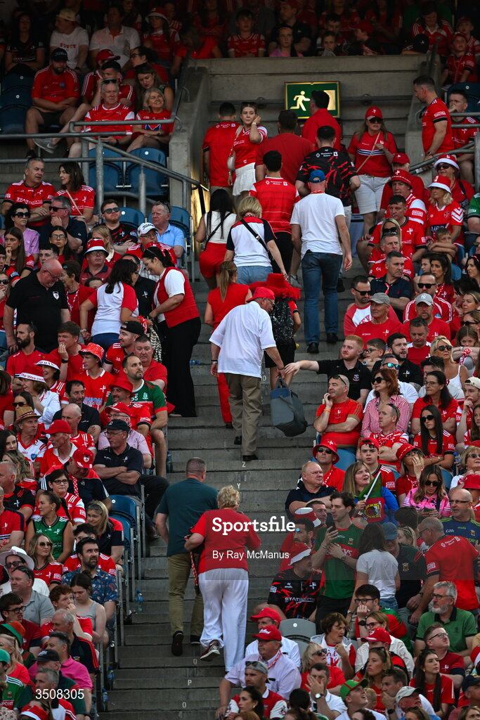 11 July 2026; Louth supporters leave the Hogan Stand, in the 63rd minute, during the GAA Football All-Ireland Senior Championship semi-final match between Mayo and Louth at Croke Park in Dublin. Photo by Ray McManus/Sportsfile