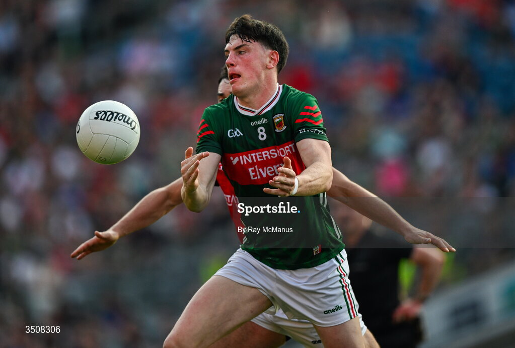 11 July 2026; Bob Tuohy of Mayo is tackled by Emmet Carolan of Louth during the GAA Football All-Ireland Senior Championship semi-final match between Mayo and Louth at Croke Park in Dublin. Photo by Ray McManus/Sportsfile