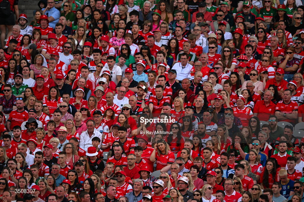 11 July 2026; Louth supporters, in the Hogan Stand, watch the second half during the GAA Football All-Ireland Senior Championship semi-final match between Mayo and Louth at Croke Park in Dublin. Photo by Ray McManus/Sportsfile