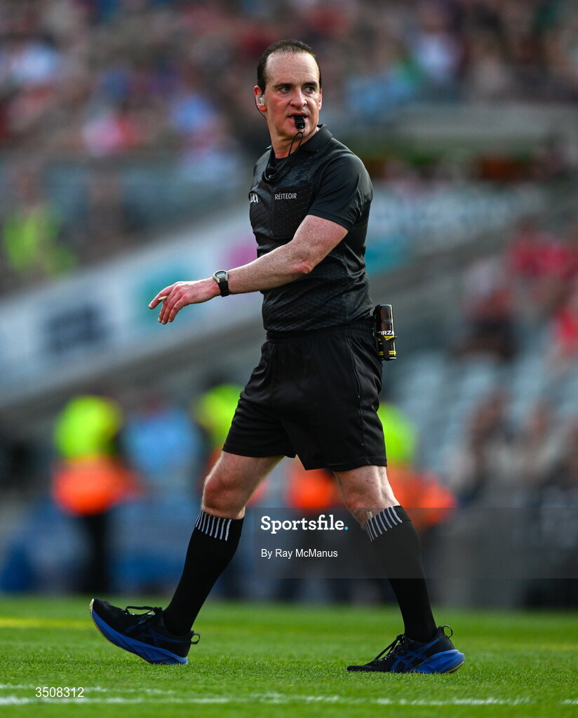 11 July 2026; Referee David Coldrick during the GAA Football All-Ireland Senior Championship semi-final match between Mayo and Louth at Croke Park in Dublin. Photo by Ray McManus/Sportsfile