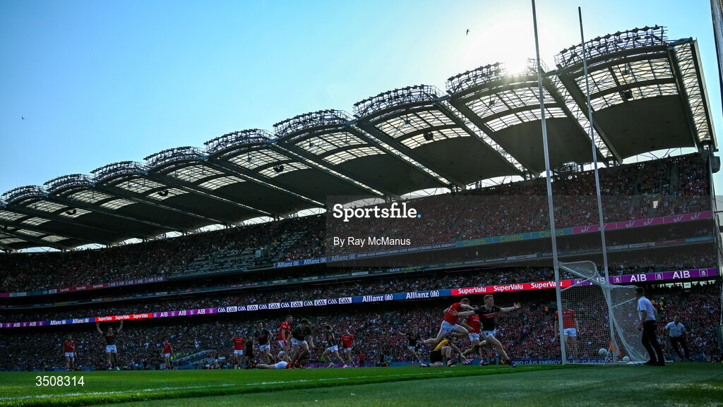 11 July 2026; Darragh Beirne of Mayo celebrates scoring his sides second goal, in the 33rd minute, during the GAA Football All-Ireland Senior Championship semi-final match between Mayo and Louth at Croke Park in Dublin. Photo by Ray McManus/Sportsfile