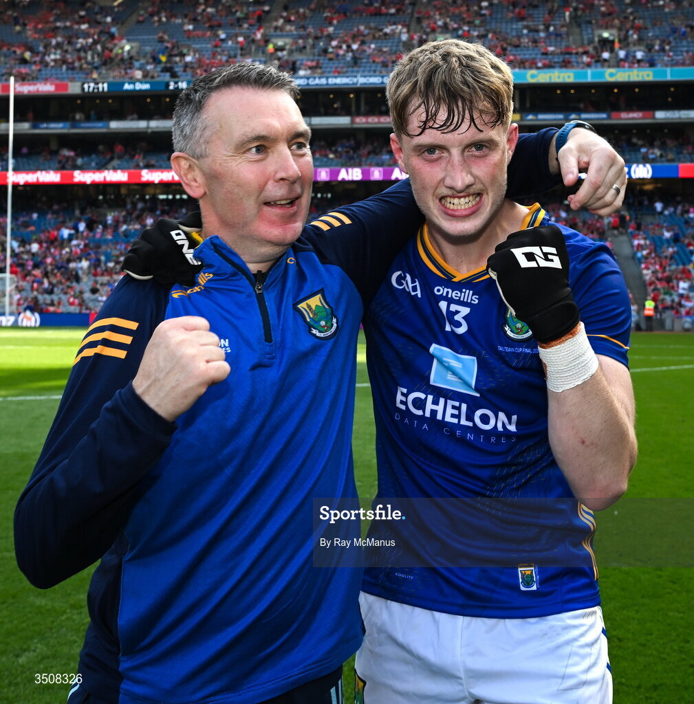 11 July 2026; Wicklow manager Oisín McConville and Oisín McGraynor celebrate after the Tailteann Cup final match between Down and Wicklow at Croke Park in Dublin. Photo by Ray McManus/Sportsfile