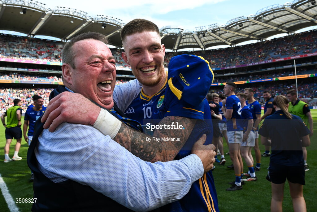 11 July 2026; Damien Byrne Chairperson of Wicklow GAA celebrates with Jonathan Carlin after the Tailteann Cup final match between Down and Wicklow at Croke Park in Dublin. Photo by Ray McManus/Sportsfile