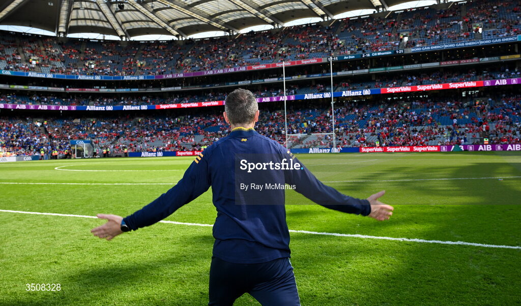 11 July 2026; Wicklow manager Oisín McConville celebrates after the Tailteann Cup final match between Down and Wicklow at Croke Park in Dublin. Photo by Ray McManus/Sportsfile