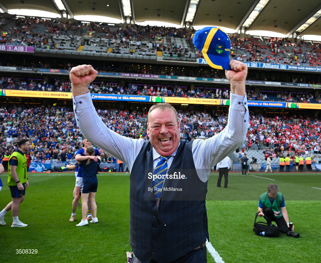 11 July 2026; Damien Byrne Chairperson of Wicklow GAA celebrates after the Tailteann Cup final match between Down and Wicklow at Croke Park in Dublin. Photo by Ray McManus/Sportsfile