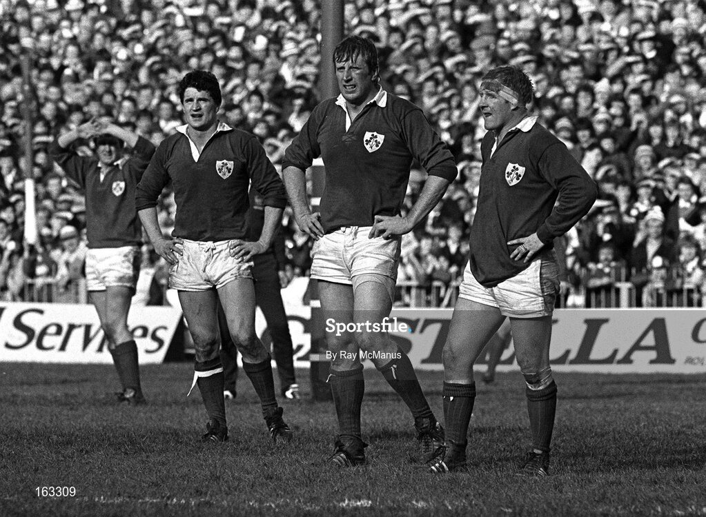 5 March 1983; Ireland players from left, John O'Driscoll, Moss Keane and Gerry "Ginger" McLoughlin. Five Nations Rugby Championship, Wales v Ireland, Cardiff Arms Park, Cardiff, Wales. Picture credit; Ray McManus / SPORTSFILE