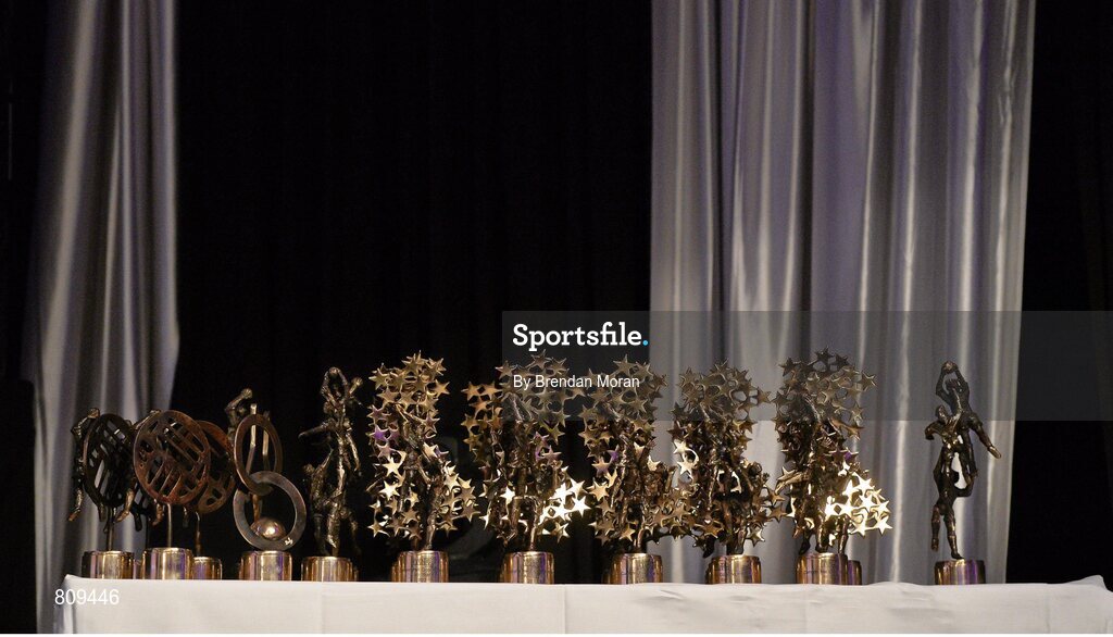 9 November 2013; A general view of the trophies during the TG4 Ladies Football All-Star Awards 2013. Citywest Hotel, Saggart, Co. Dublin. Picture credit: Brendan Moran / SPORTSFILE