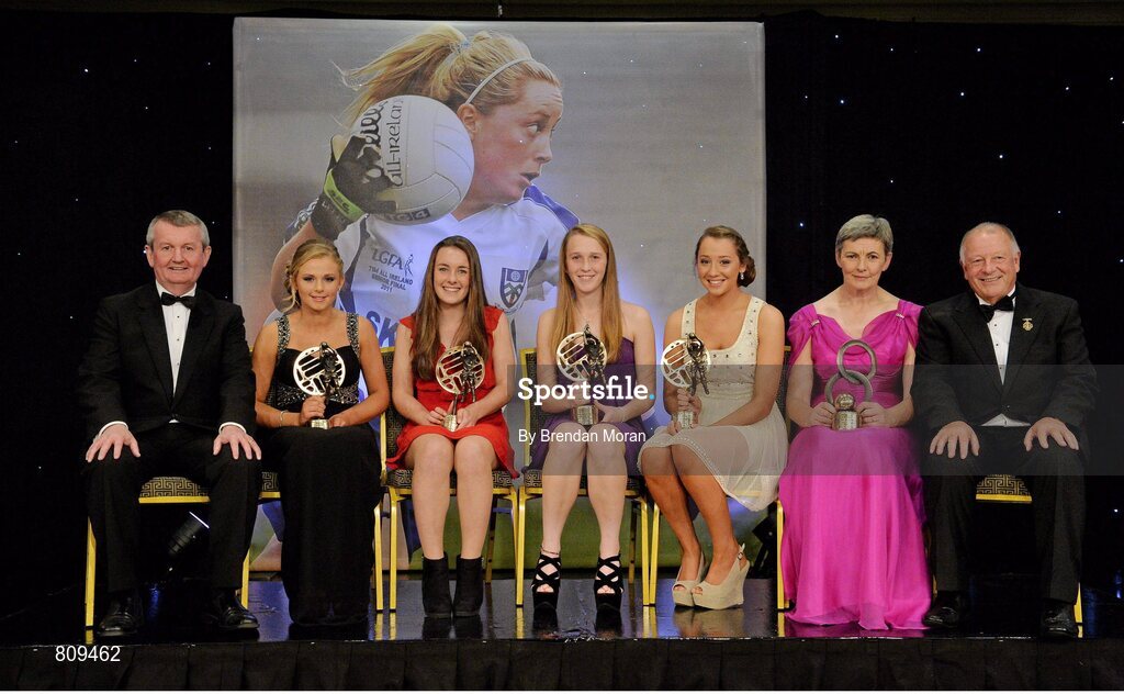 9 November 2013; Young Player of the Year award winners, from second left, Tess Murtagh, Roscommon, Lucy McCartan, Westmeath, Kate Leneghan, Cork, and Neasa Byrd, Cavan, with Hall of Fame award winner Mary Jo Curran, Kerry, Pól O Gallchóir, left, Ceannsaí, TG4 and Pat Quill, President of the Ladies Gaelic Football Association. TG4 Ladies Football All-Star Awards 2013, Citywest Hotel, Saggart, Co. Dublin. Picture credit: Brendan Moran / SPORTSFILE