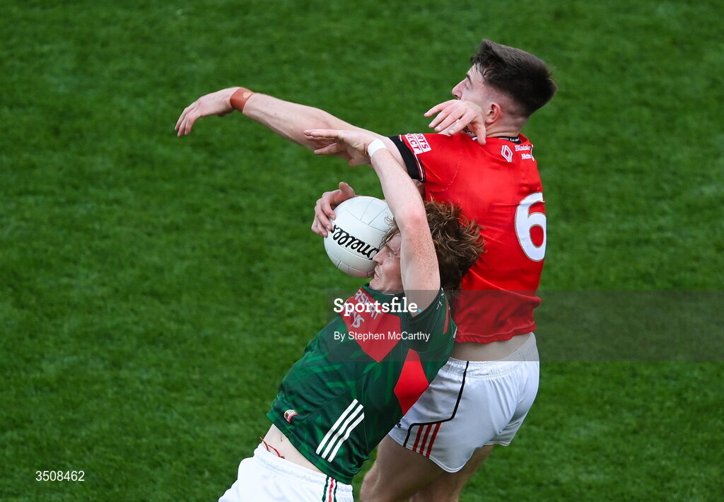 11 July 2026; Jack Carney of Mayo in action against Dara McDonnell of Louth during the GAA Football All-Ireland Senior Championship semi-final match between Mayo and Louth at Croke Park in Dublin.  Photo by Stephen McCarthy/Sportsfile