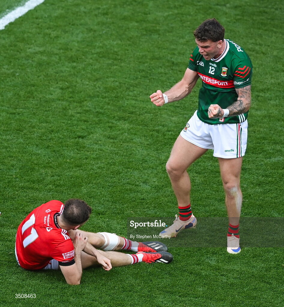 11 July 2026; Jordan Flynn of Mayo celebrates winning possession during the GAA Football All-Ireland Senior Championship semi-final match between Mayo and Louth at Croke Park in Dublin.  Photo by Stephen McCarthy/Sportsfile
