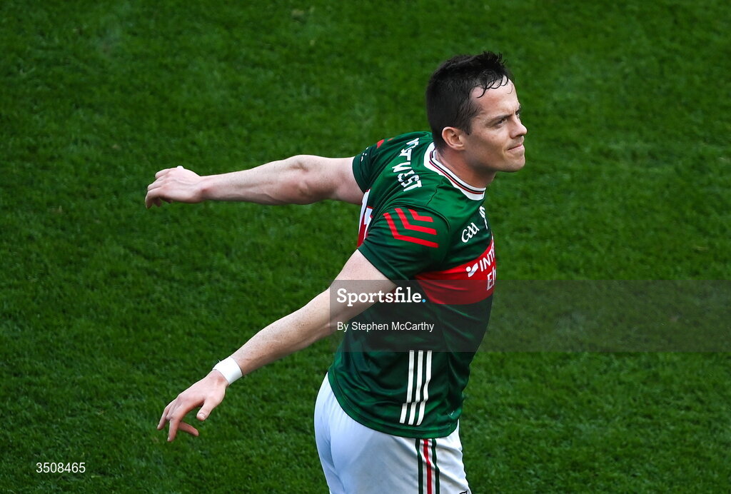 11 July 2026; Stephen Coen of Mayo in the pre-match parade before the GAA Football All-Ireland Senior Championship semi-final match between Mayo and Louth at Croke Park in Dublin.  Photo by Stephen McCarthy/Sportsfile