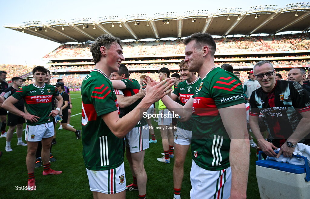 11 July 2026; Kobe McDonald, left, and Matthew Ruane of Mayo after the GAA Football All-Ireland Senior Championship semi-final match between Mayo and Louth at Croke Park in Dublin. Photo by Ramsey Cardy/Sportsfile