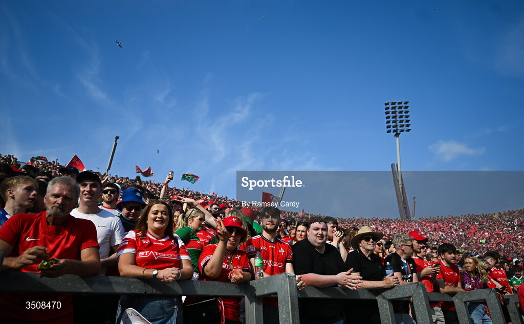 11 July 2026; Supporters on Hill 16 during the GAA Football All-Ireland Senior Championship semi-final match between Mayo and Louth at Croke Park in Dublin. Photo by Ramsey Cardy/Sportsfile