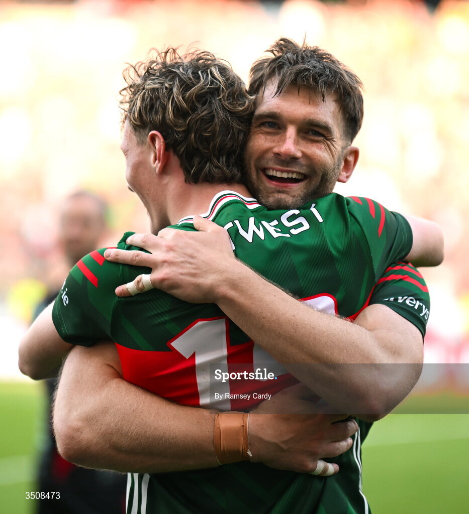 11 July 2026; Aidan O'Shea, right, and Kobe McDonald of Mayo after the GAA Football All-Ireland Senior Championship semi-final match between Mayo and Louth at Croke Park in Dublin. Photo by Ramsey Cardy/Sportsfile