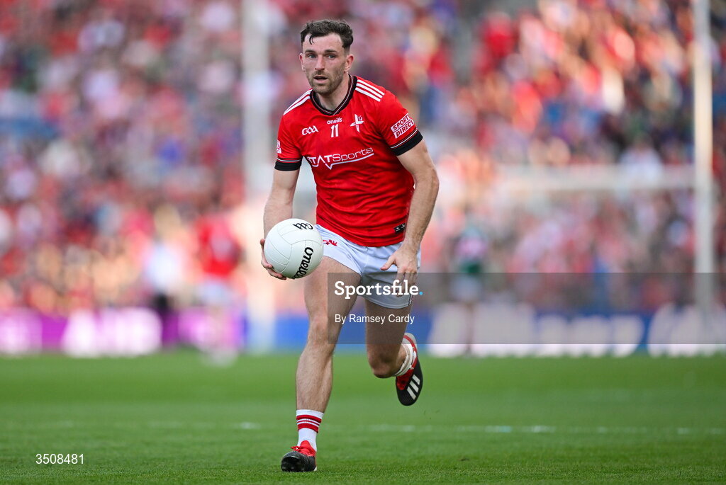 11 July 2026; Sam Mulroy of Louth during the GAA Football All-Ireland Senior Championship semi-final match between Mayo and Louth at Croke Park in Dublin. Photo by Ramsey Cardy/Sportsfile