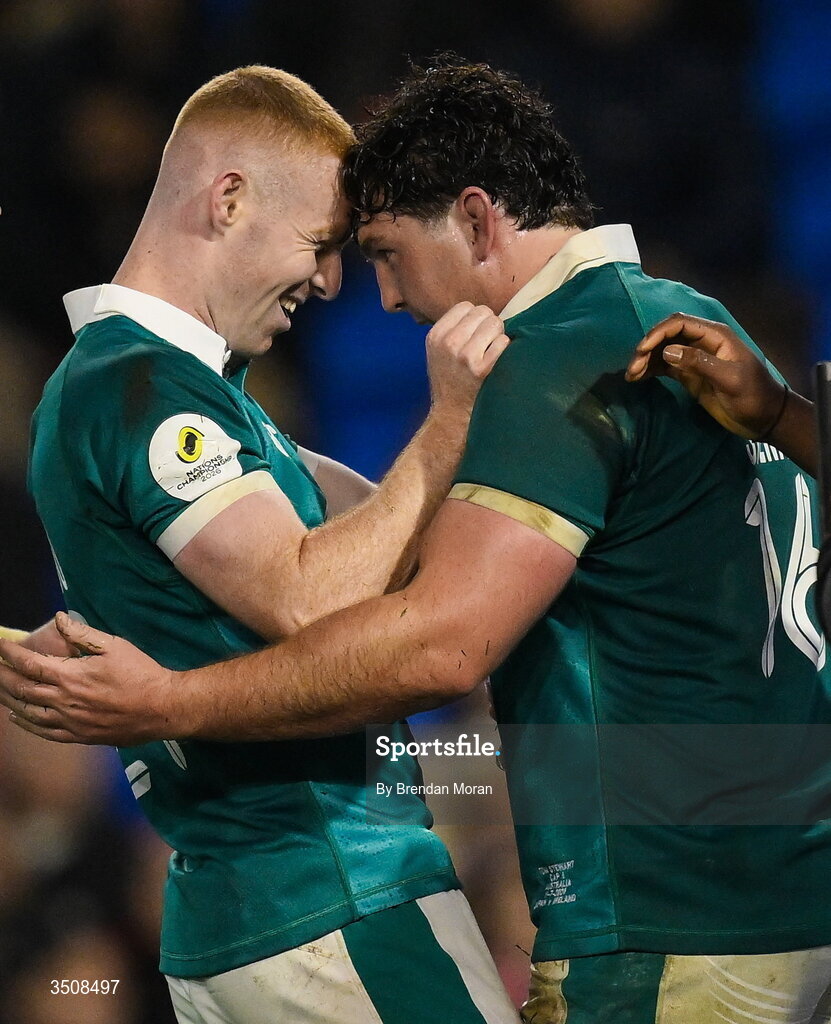 11 July 2026; Tom Stewart of Ireland, right, celebrates with teammate Nathan Doak after scoring their side's last try during the 2026 Nations Championship Round Two match between Japan and Ireland at McDonald Jones Stadium in Newcastle, Australia. Photo by Brendan Moran/Sportsfile