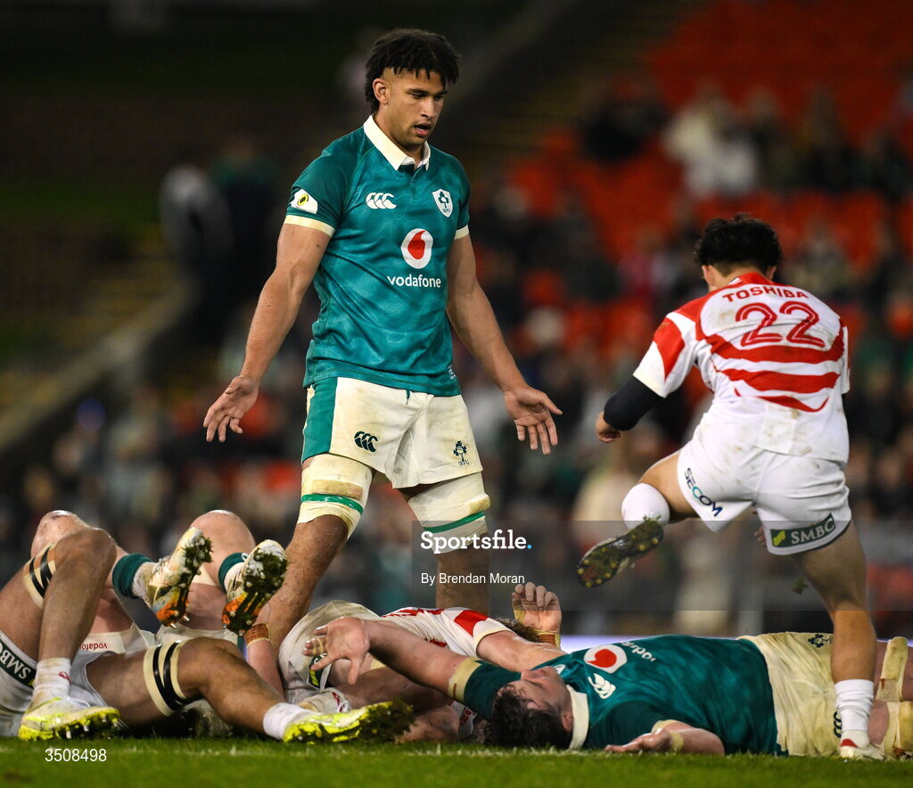 11 July 2026; Cormac Izuchukwu of Ireland during the 2026 Nations Championship Round Two match between Japan and Ireland at McDonald Jones Stadium in Newcastle, Australia. Photo by Brendan Moran/Sportsfile