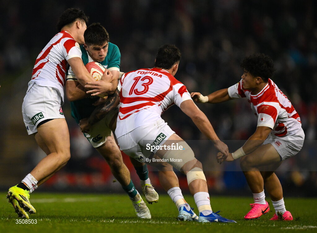 11 July 2026; Jimmy O'Brien of Ireland is tackled by Kazuma Ueda and Dylan Riley of Japan during the 2026 Nations Championship Round Two match between Japan and Ireland at McDonald Jones Stadium in Newcastle, Australia. Photo by Brendan Moran/Sportsfile