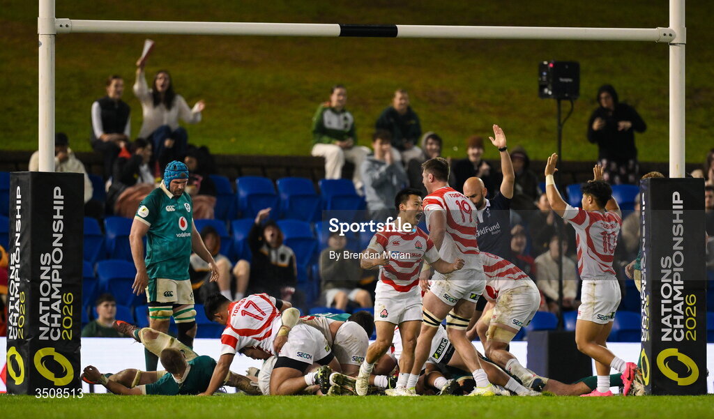 11 July 2026; Naoto Saito of Japan celebrates a try by his side during the 2026 Nations Championship Round Two match between Japan and Ireland at McDonald Jones Stadium in Newcastle, Australia. Photo by Brendan Moran/Sportsfile