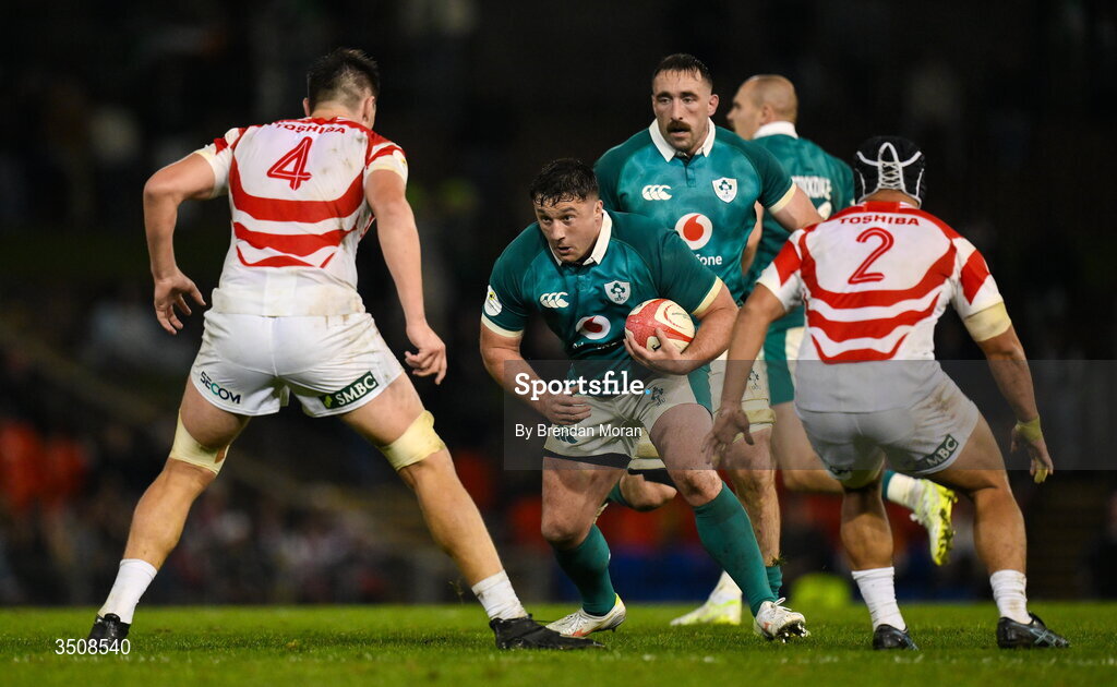 11 July 2026; Thomas Clarkson of Ireland in action against Harry Hockings and Mamoru Harada of Japan during the 2026 Nations Championship Round Two match between Japan and Ireland at McDonald Jones Stadium in Newcastle, Australia. Photo by Brendan Moran/Sportsfile