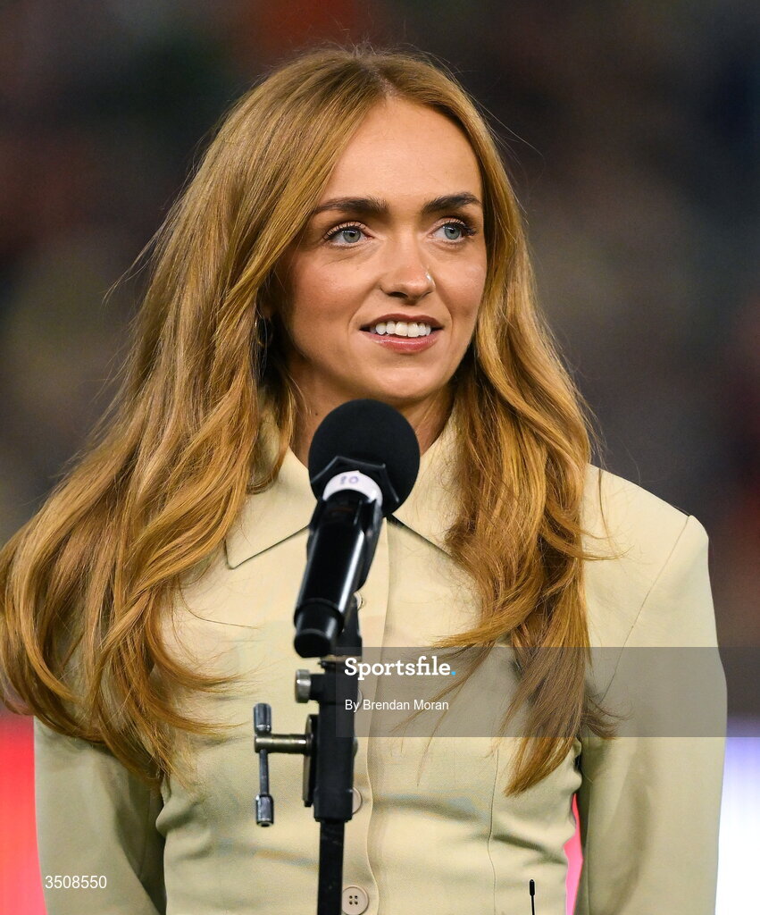11 July 2026; Singer Caitlin McLaughlin before performing Ireland's Call ahead of the 2026 Nations Championship Round Two match between Japan and Ireland at McDonald Jones Stadium in Newcastle, Australia. Photo by Brendan Moran/Sportsfile