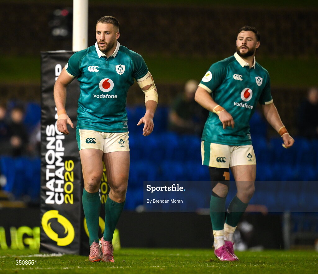 11 July 2026; Stuart McCloskey, left, and Robbie Henshaw of Ireland during the 2026 Nations Championship Round Two match between Japan and Ireland at McDonald Jones Stadium in Newcastle, Australia. Photo by Brendan Moran/Sportsfile