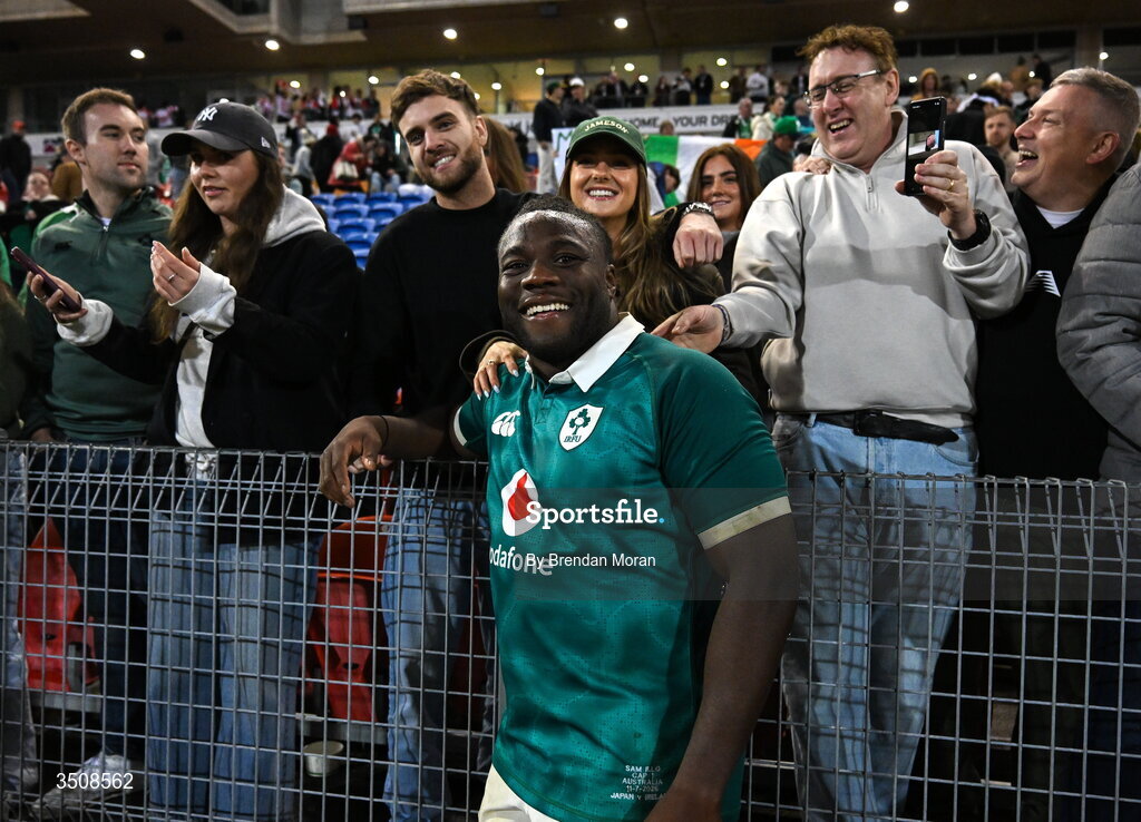 11 July 2026; Sam Illo of Ireland with friends after the 2026 Nations Championship Round Two match between Japan and Ireland at McDonald Jones Stadium in Newcastle, Australia. Photo by Brendan Moran/Sportsfile
