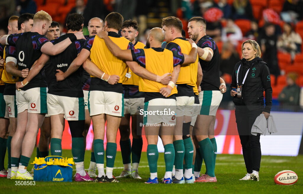 11 July 2026; Ireland performance nutritionist Emma Gardner, right, before the 2026 Nations Championship Round Two match between Japan and Ireland at McDonald Jones Stadium in Newcastle, Australia. Photo by Brendan Moran/Sportsfile