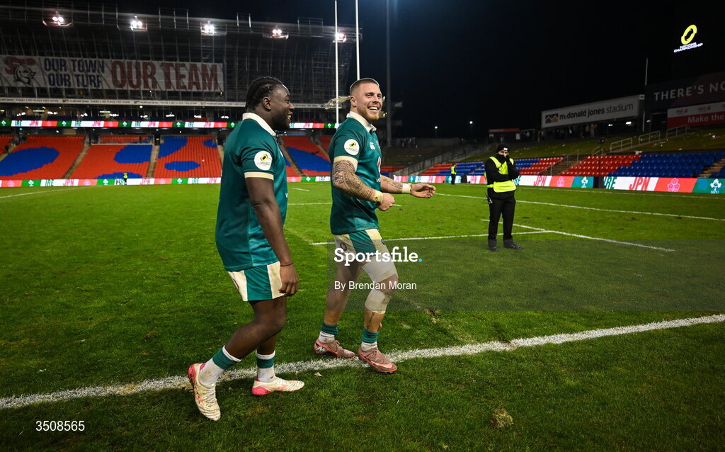 11 July 2026; Sam Illo, left, and Sean Jansen of Ireland after the 2026 Nations Championship Round Two match between Japan and Ireland at McDonald Jones Stadium in Newcastle, Australia. Photo by Brendan Moran/Sportsfile