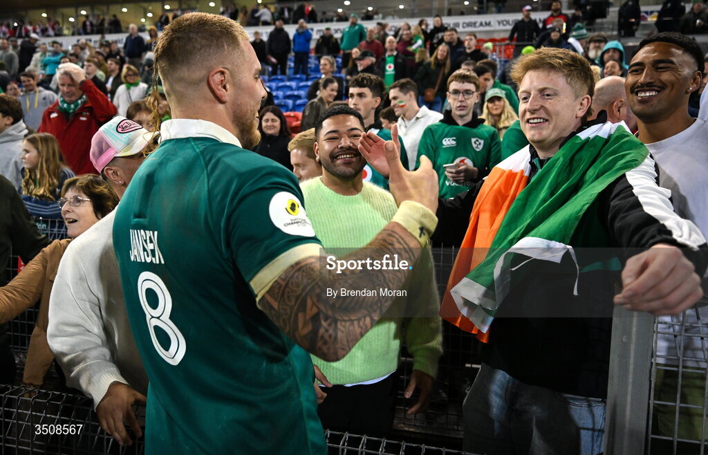 11 July 2026; Sean Jansen of Ireland celebrates with friends after the 2026 Nations Championship Round Two match between Japan and Ireland at McDonald Jones Stadium in Newcastle, Australia. Photo by Brendan Moran/Sportsfile