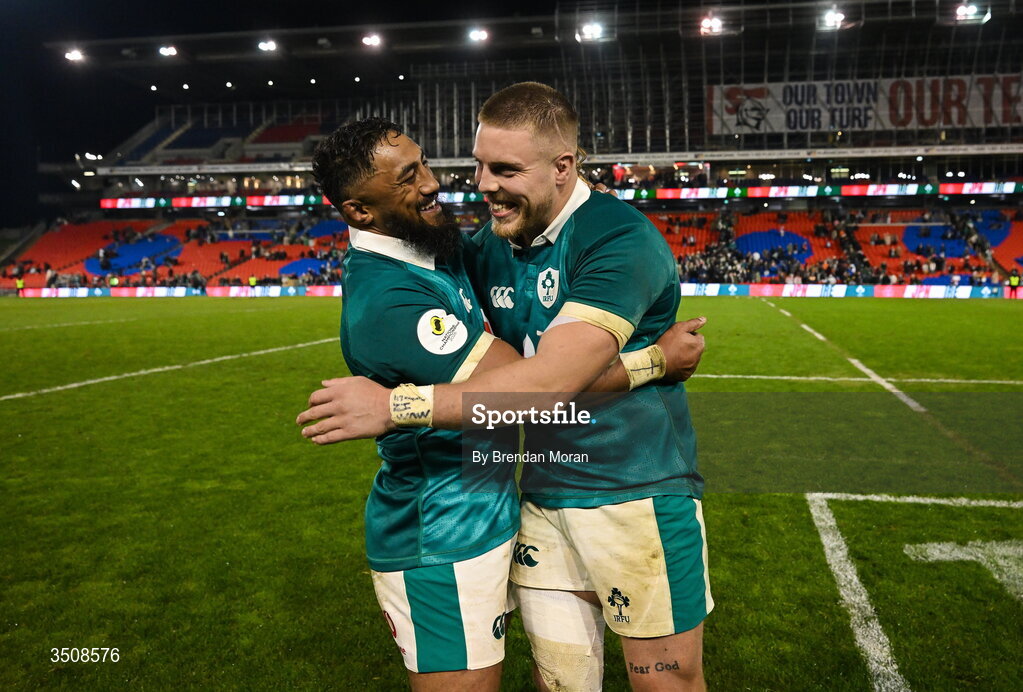 11 July 2026; Sean Jansen of Ireland, right, celebrates with teammate Bundee Aki the 2026 Nations Championship Round Two match between Japan and Ireland at McDonald Jones Stadium in Newcastle, Australia. Photo by Brendan Moran/Sportsfile