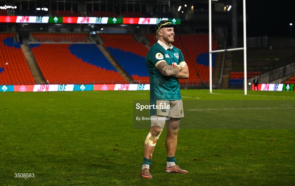 11 July 2026; Debutant Sean Jansen of Ireland with his first cap after the 2026 Nations Championship Round Two match between Japan and Ireland at McDonald Jones Stadium in Newcastle, Australia. Photo by Brendan Moran/Sportsfile