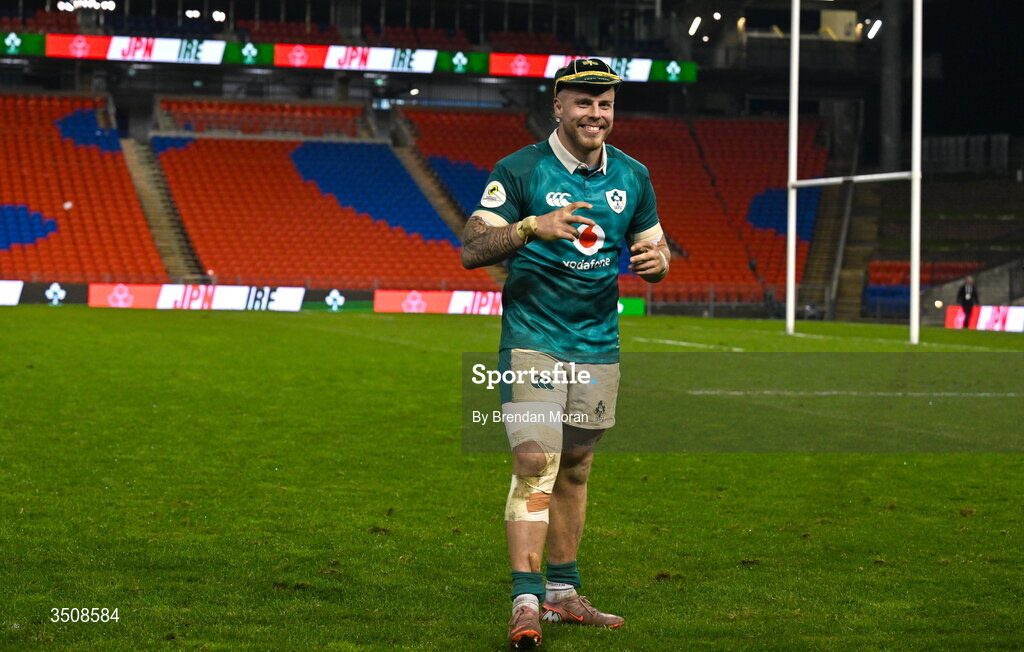 11 July 2026; Debutant Sean Jansen of Ireland with his first cap after the 2026 Nations Championship Round Two match between Japan and Ireland at McDonald Jones Stadium in Newcastle, Australia. Photo by Brendan Moran/Sportsfile