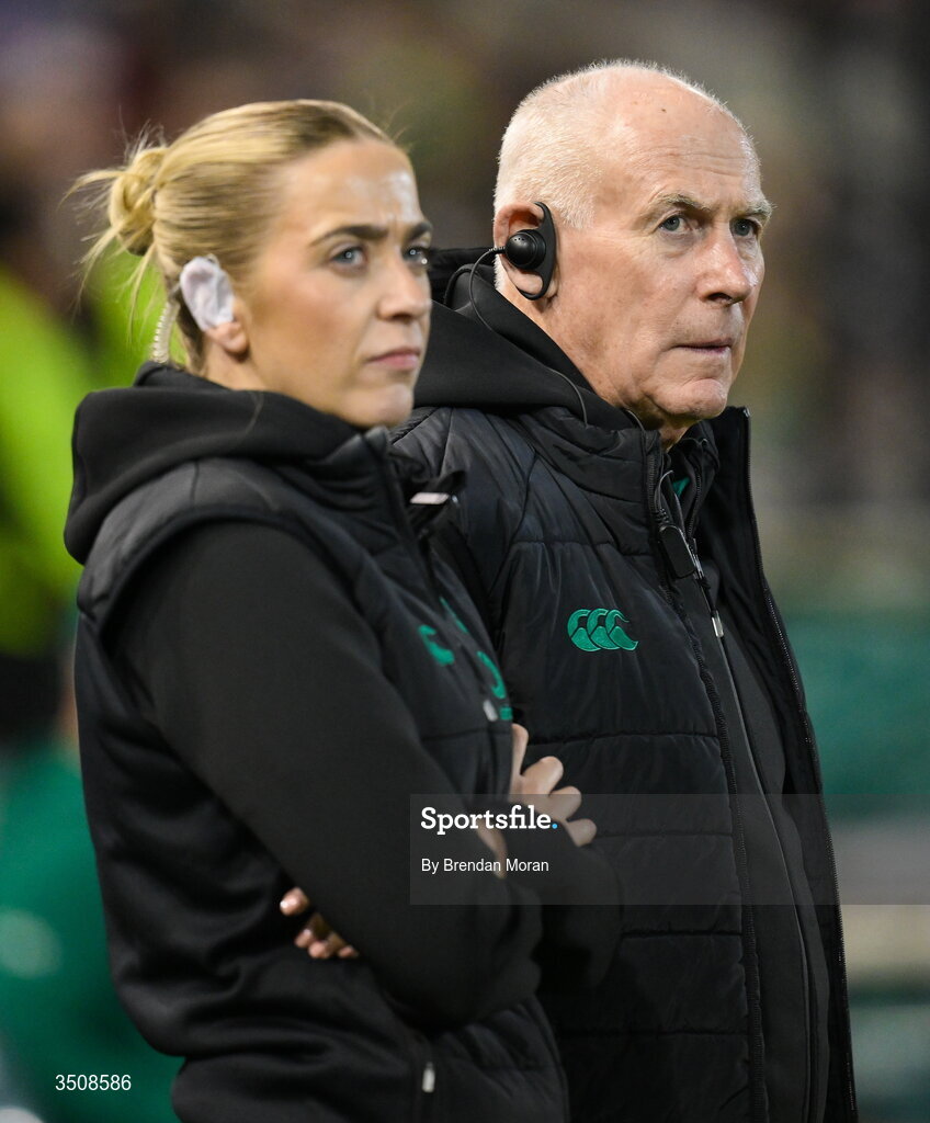 11 July 2026; Ireland team manager Mick Kearne, right, and team operations executive Hannah Hanlon before the 2026 Nations Championship Round Two match between Japan and Ireland at McDonald Jones Stadium in Newcastle, Australia. Photo by Brendan Moran/Sportsfile
