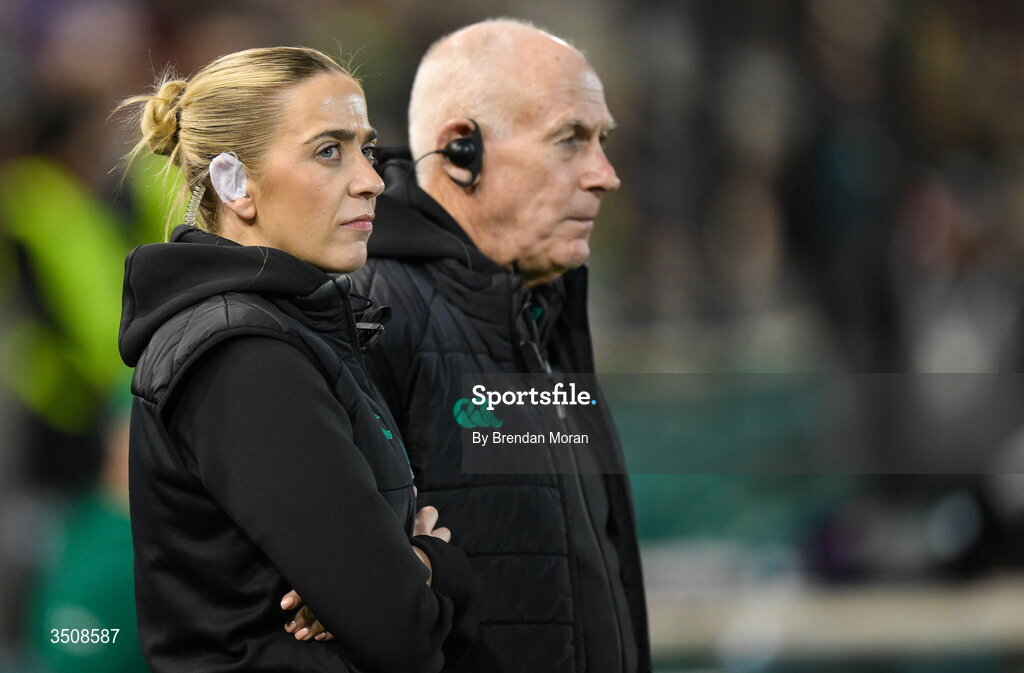11 July 2026; Ireland team operations executive Hannah Hanlon, left, and team manager Mick Kearney before the 2026 Nations Championship Round Two match between Japan and Ireland at McDonald Jones Stadium in Newcastle, Australia. Photo by Brendan Moran/Sportsfile