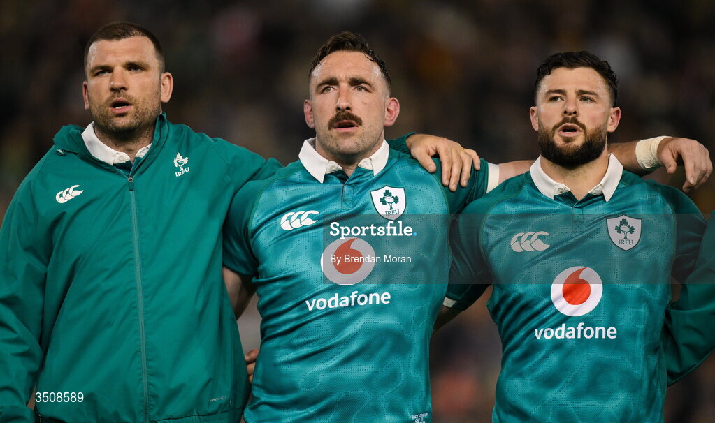 11 July 2026; Ireland captain Tadhg Beirne, left, with teammates Jack Conan and Robbie Henshaw during Ireland's Call before the 2026 Nations Championship Round Two match between Japan and Ireland at McDonald Jones Stadium in Newcastle, Australia. Photo by Brendan Moran/Sportsfile