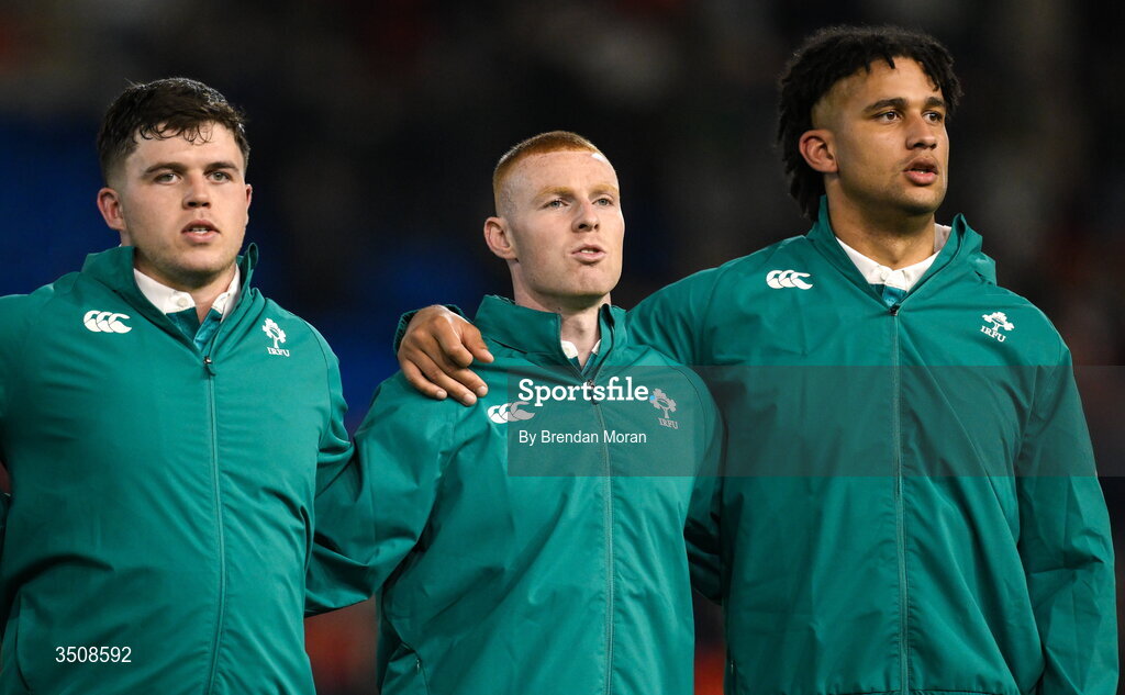 11 July 2026; Ireland players, from left, Billy Bohan, Nathan Doak and Cormac Izuchukwu during Ireland's Call before the 2026 Nations Championship Round Two match between Japan and Ireland at McDonald Jones Stadium in Newcastle, Australia. Photo by Brendan Moran/Sportsfile