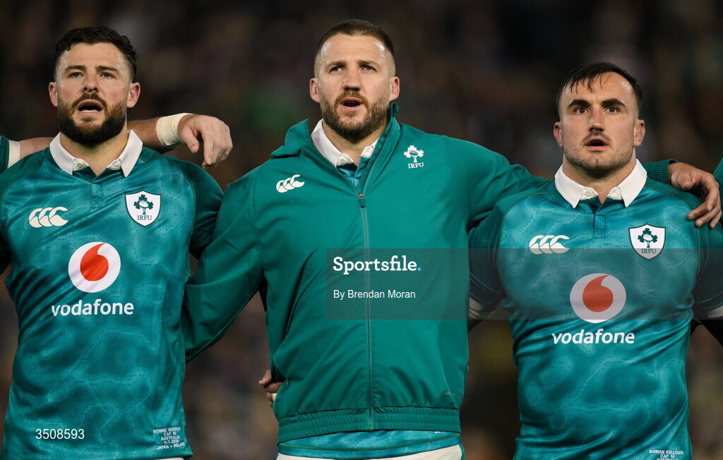 11 July 2026; Ireland players, from left, Robbie Henshaw, Stuart McCloskey and Rónan Kelleher during Ireland's Call before the 2026 Nations Championship Round Two match between Japan and Ireland at McDonald Jones Stadium in Newcastle, Australia. Photo by Brendan Moran/Sportsfile