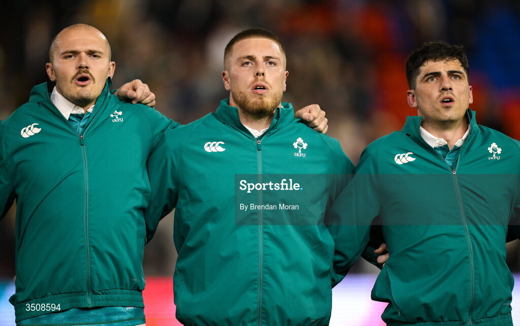 11 July 2026; Ireland players, from left, Jacob Stockdale, Sean Jansen and Jimmy O'Brien during Ireland's Call before the 2026 Nations Championship Round Two match between Japan and Ireland at McDonald Jones Stadium in Newcastle, Australia. Photo by Brendan Moran/Sportsfile