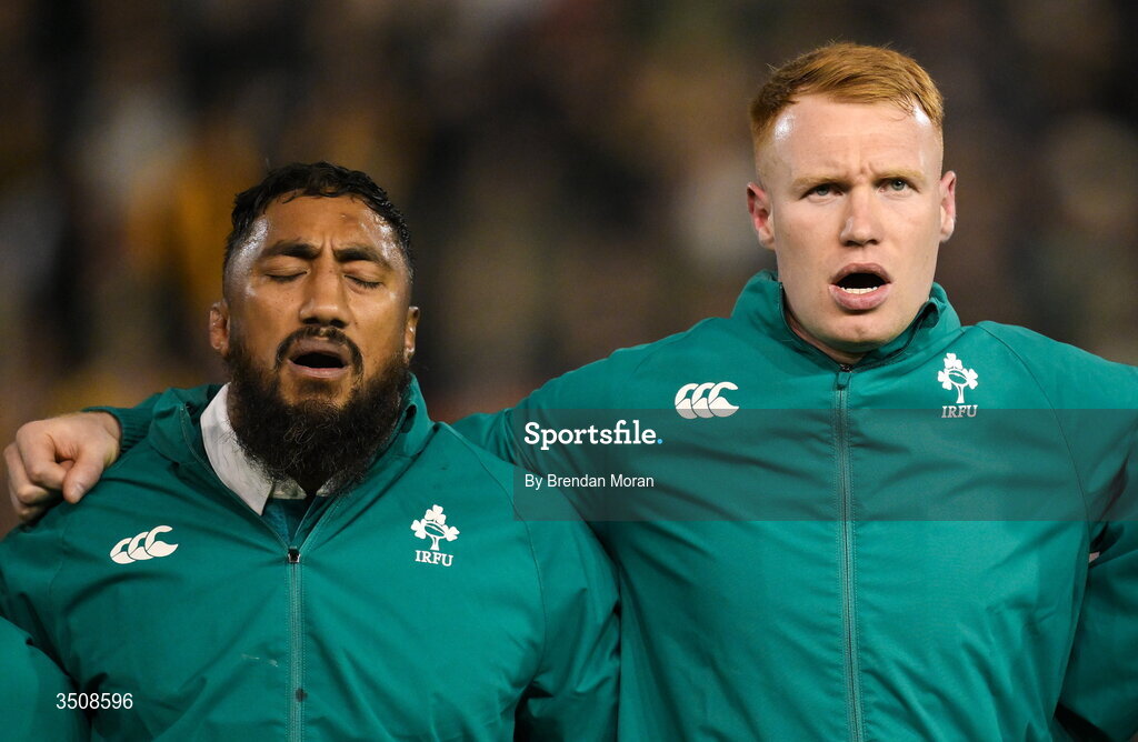 11 July 2026; Ireland players Bundee Aki, left, and Ciarán Frawley during Ireland's Call before the 2026 Nations Championship Round Two match between Japan and Ireland at McDonald Jones Stadium in Newcastle, Australia. Photo by Brendan Moran/Sportsfile