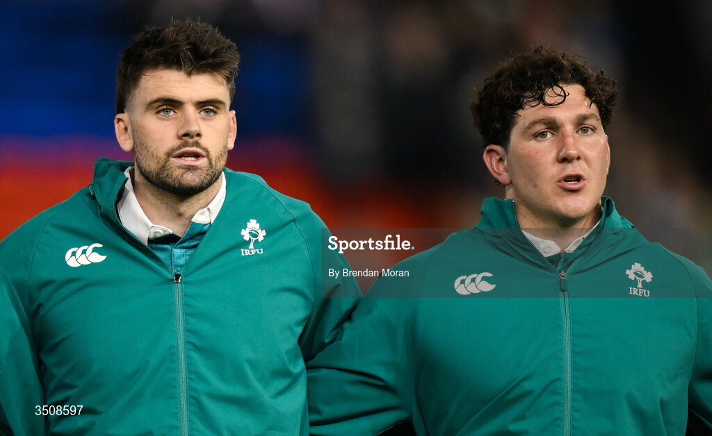 11 July 2026; Ireland players Harry Byrne, left, and Tom Stewart during Ireland's Call before the 2026 Nations Championship Round Two match between Japan and Ireland at McDonald Jones Stadium in Newcastle, Australia. Photo by Brendan Moran/Sportsfile