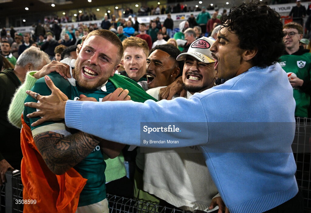 11 July 2026; Sean Jansen of Ireland celebrates with friends after the 2026 Nations Championship Round Two match between Japan and Ireland at McDonald Jones Stadium in Newcastle, Australia. Photo by Brendan Moran/Sportsfile