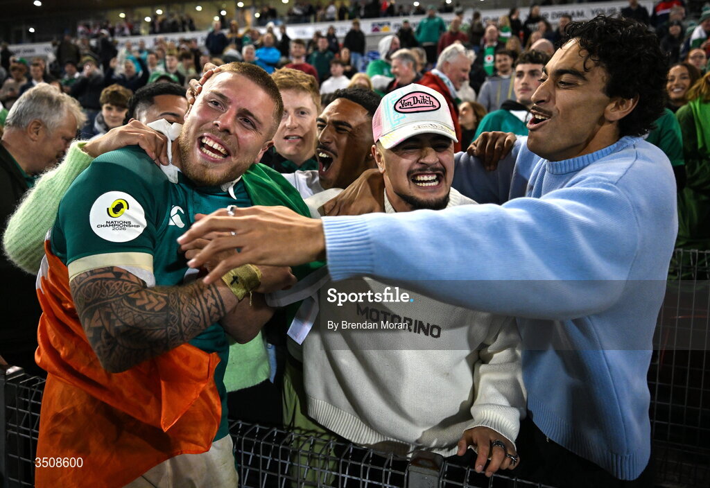 11 July 2026; Sean Jansen of Ireland celebrates with friends after the 2026 Nations Championship Round Two match between Japan and Ireland at McDonald Jones Stadium in Newcastle, Australia. Photo by Brendan Moran/Sportsfile