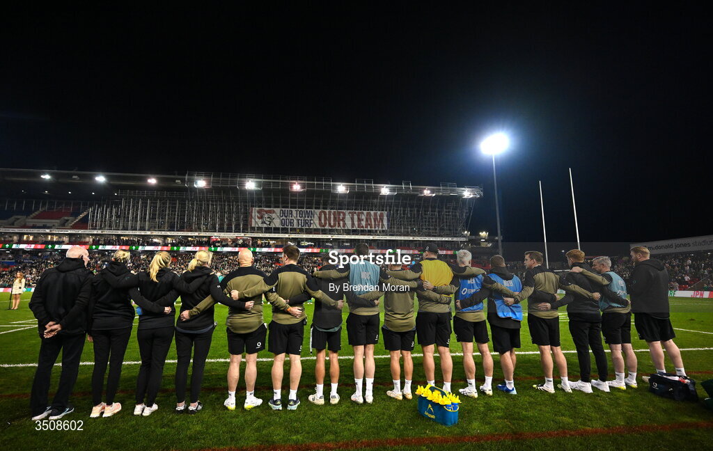 11 July 2026; The Ireland backroom staff line up before the 2026 Nations Championship Round Two match between Japan and Ireland at McDonald Jones Stadium in Newcastle, Australia. Photo by Brendan Moran/Sportsfile
