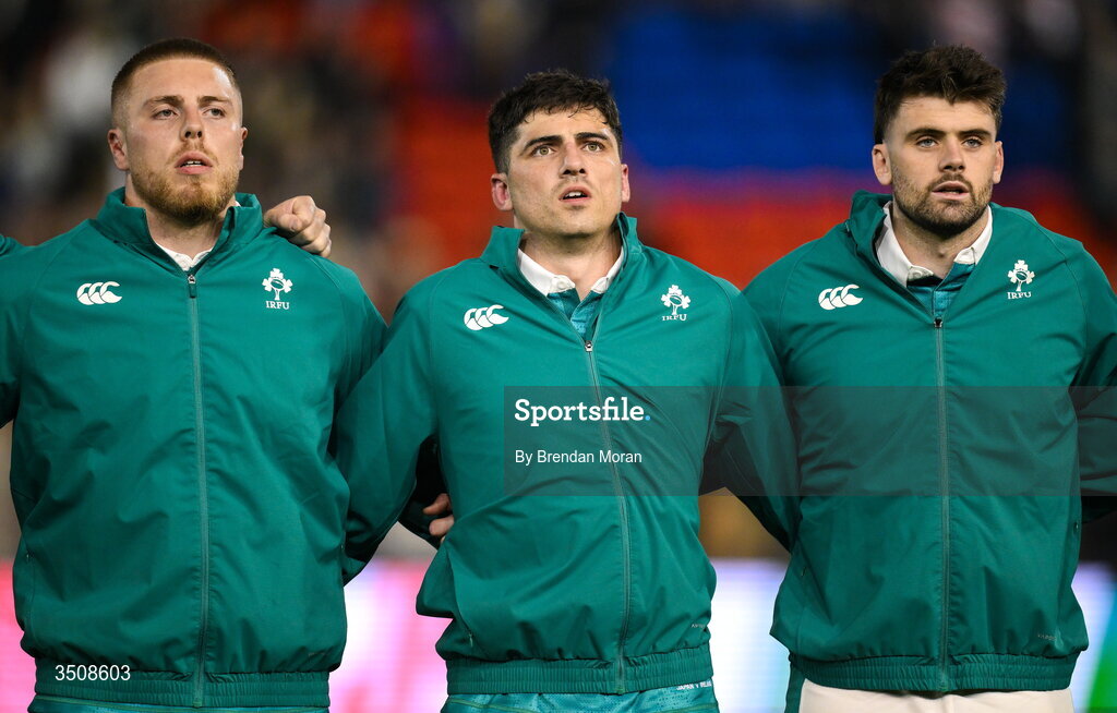 11 July 2026; Ireland players, from left, Sean Jansen, Jimmy O'Brien and Harry Byrne during Ireland's Call before the 2026 Nations Championship Round Two match between Japan and Ireland at McDonald Jones Stadium in Newcastle, Australia. Photo by Brendan Moran/Sportsfile